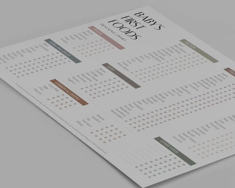 Baby first foods allergen tracker printable with a variety of first foods