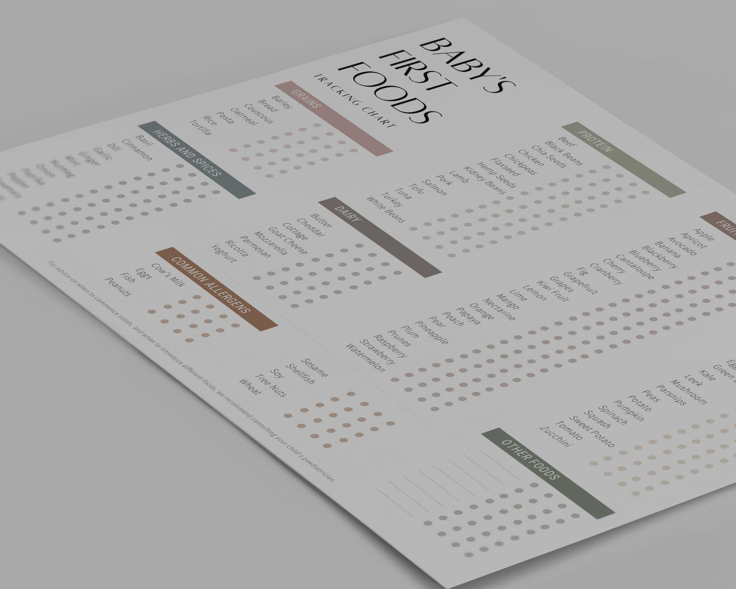 Baby first foods allergen tracker printable with a variety of first foods