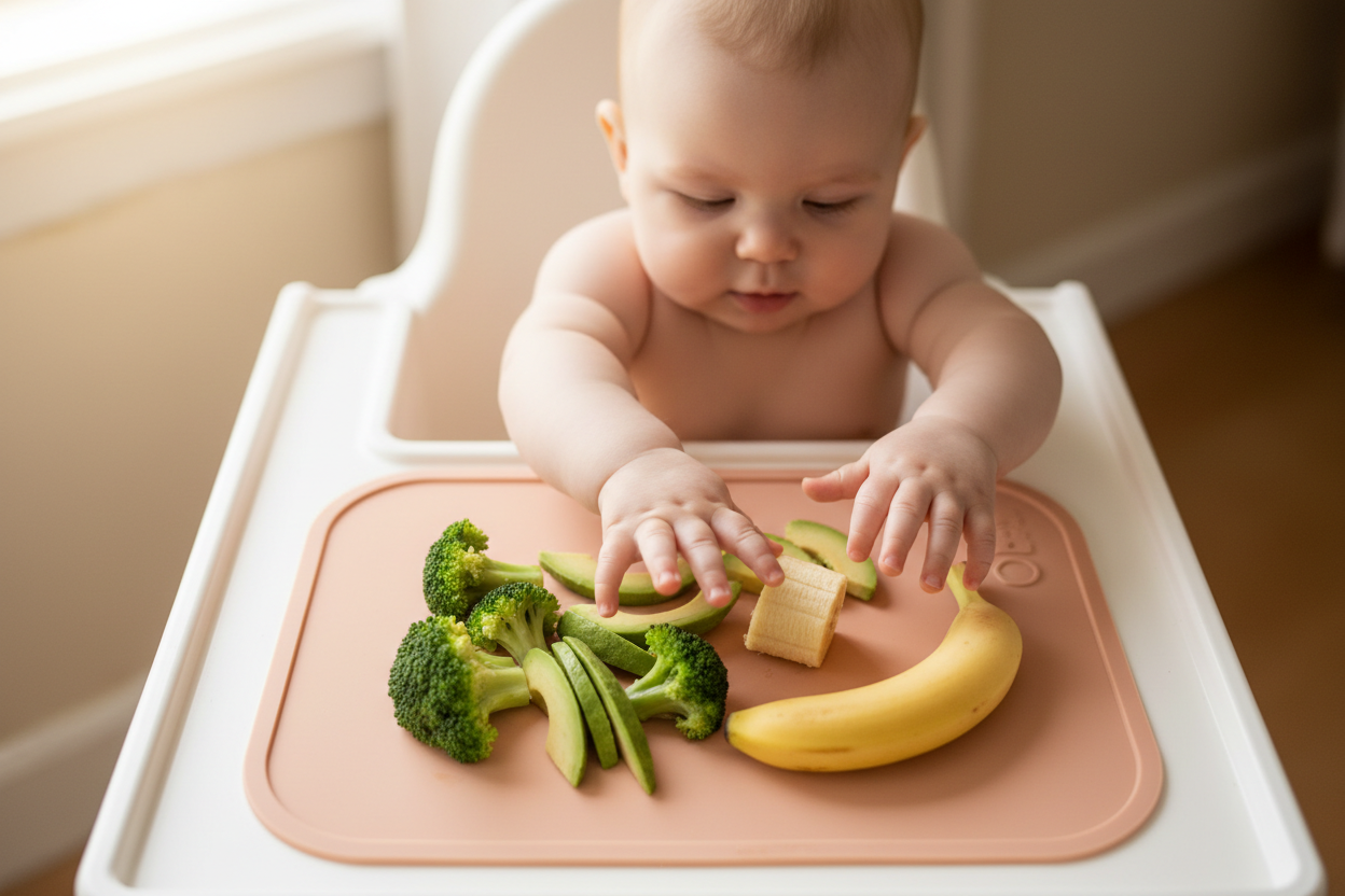 Baby die zelfstandig eet in een IKEA Antilop kinderstoel tijdens het starten met bijvoeding