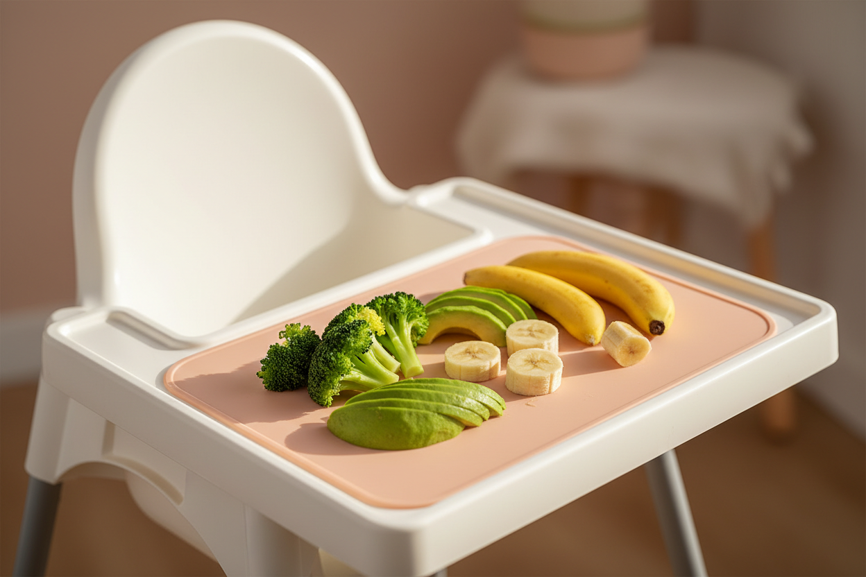 Highchair mealtime setup with colorful finger foods, demonstrating highchair safety practices