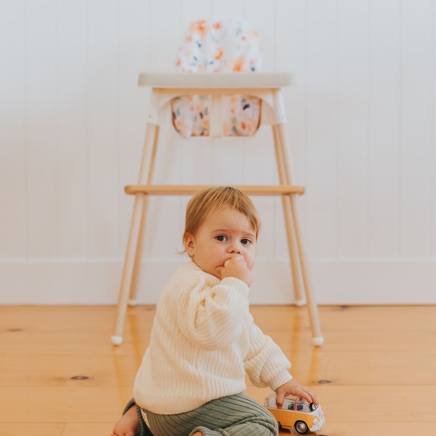 IKEA Highchair Leg Wraps in Maple with Maple Footrest and Cushion