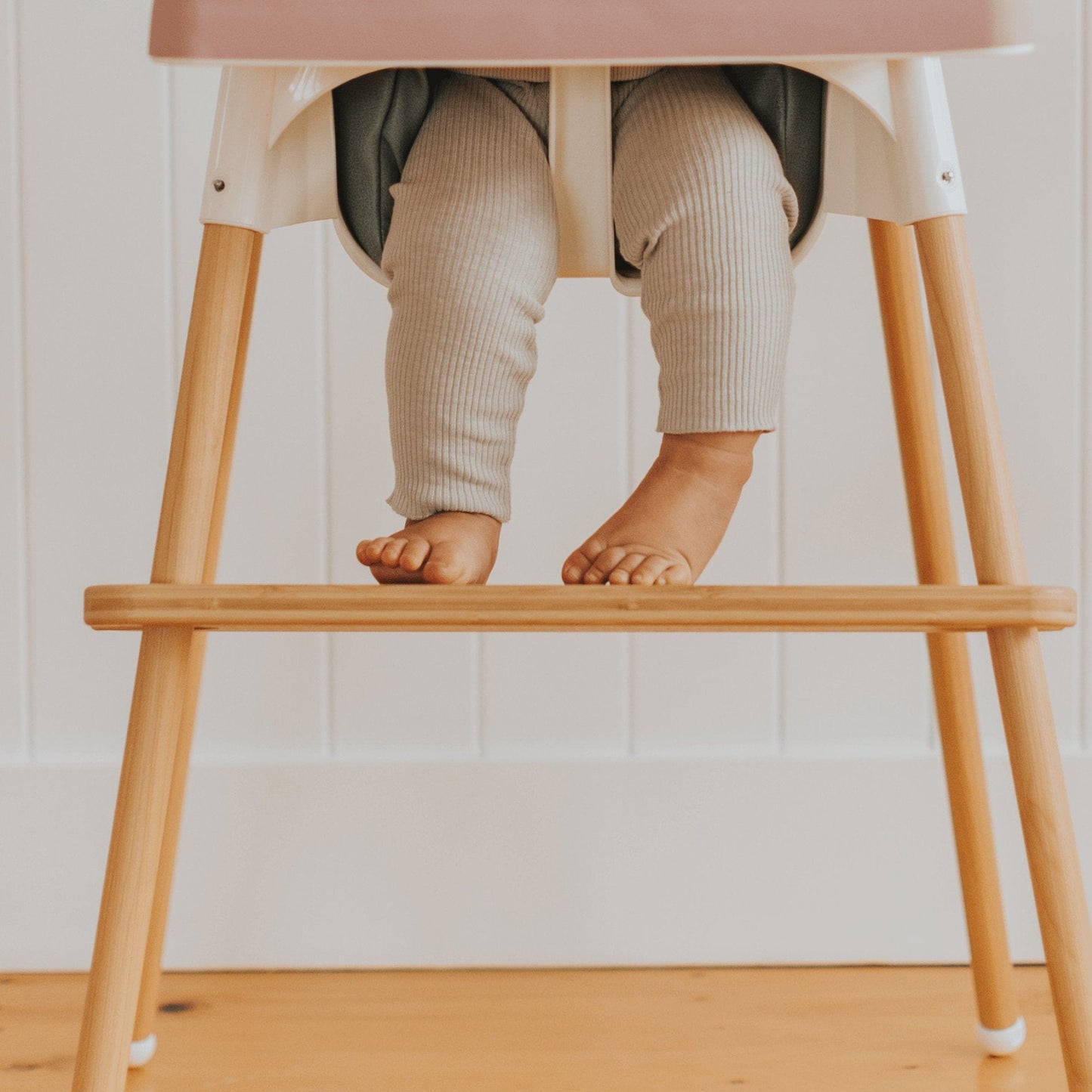 IKEA Antilop highchair with bamboo timber highchair footrest and leg wraps